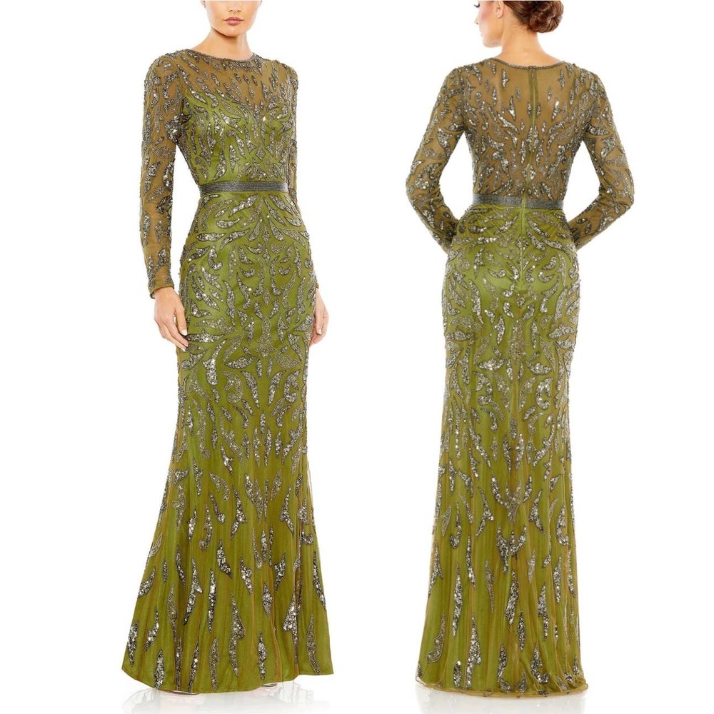 NWT Mac Duggal Olive Beaded Sheer Long Sleeve Evening Gown Size 10 Style 5124